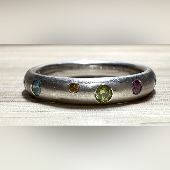 Jewelry - Vintage Designer Signed Flush Set Multi-Colored Gemstone Platinum Ring, Size 6.5